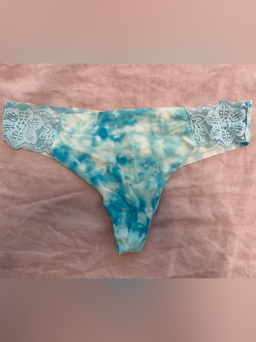 PINK Victoria's Secret Blue & White Tie-Dye Lace Thong